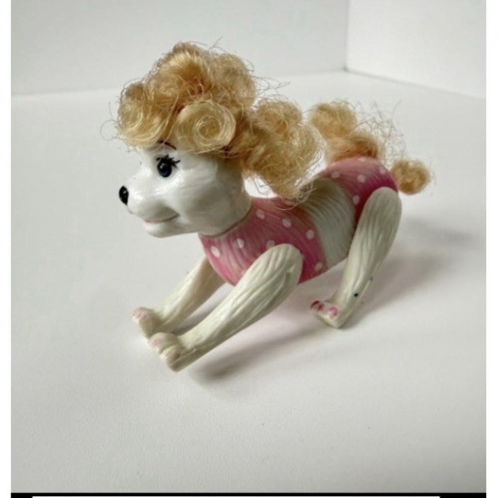 Barbie White Poodle Dog Blond Curly Hair Pink Bows Movable Feet Toy Figure - Picture 2 of 5